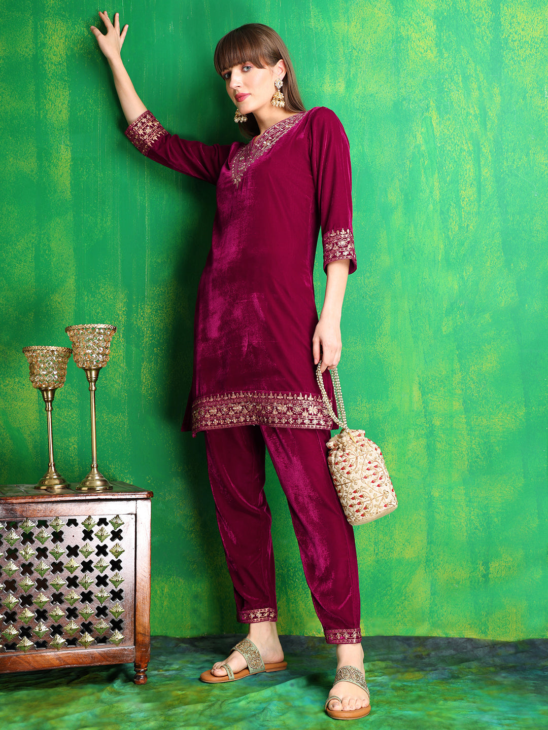 Embroidered Velvet Co-Ords, Pink - Hiral Fashion - Distacart