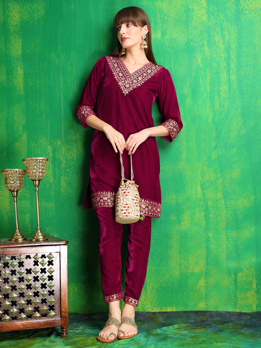 Embroidered Velvet Co-Ords, Pink - Hiral Fashion - Distacart