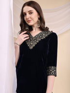 Embroidered Velvet Co-Ords, Navy Blue - Hiral Fashion - Distacart