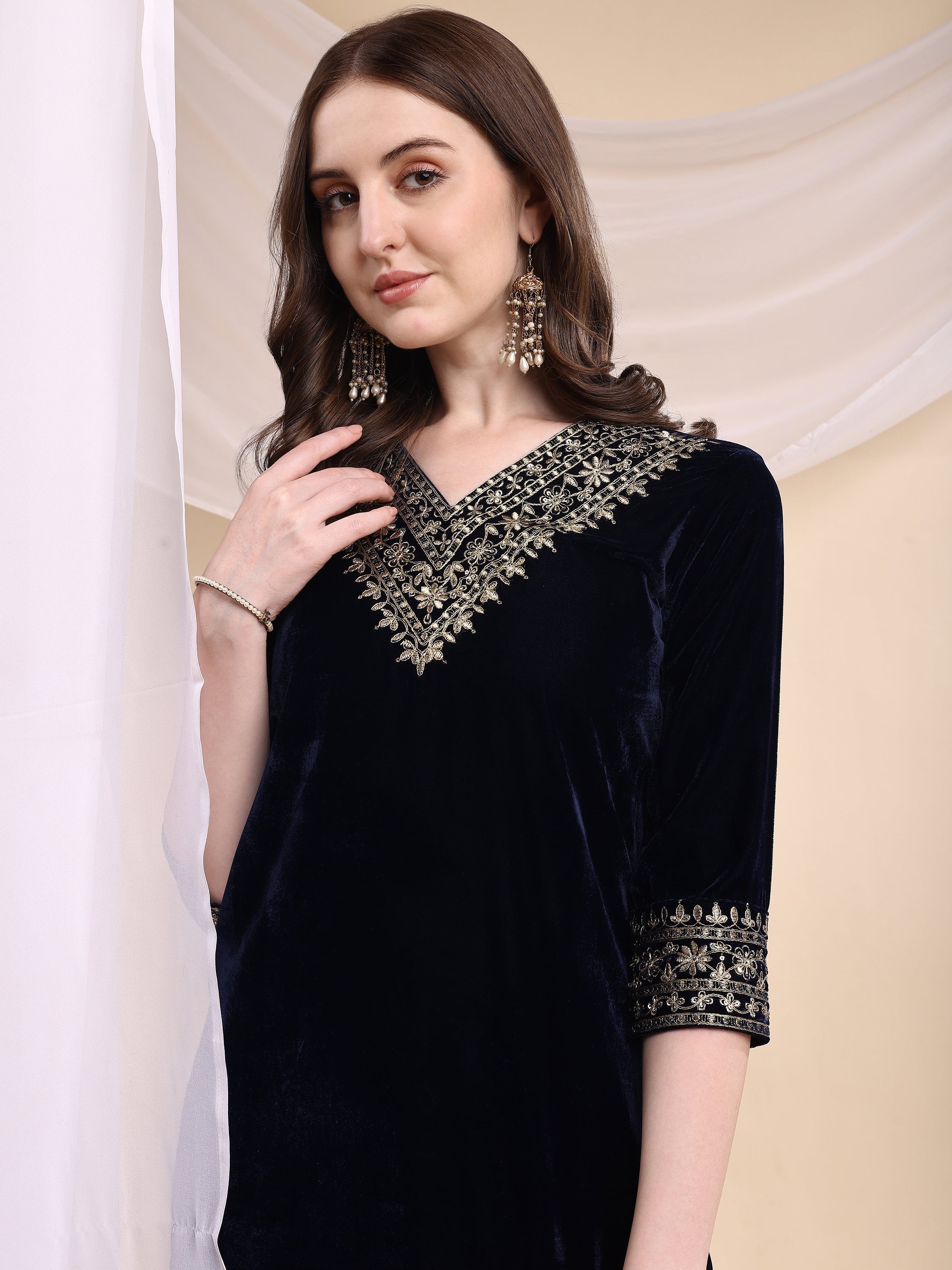 Embroidered Velvet Co-Ords, Navy Blue - Hiral Fashion - Distacart