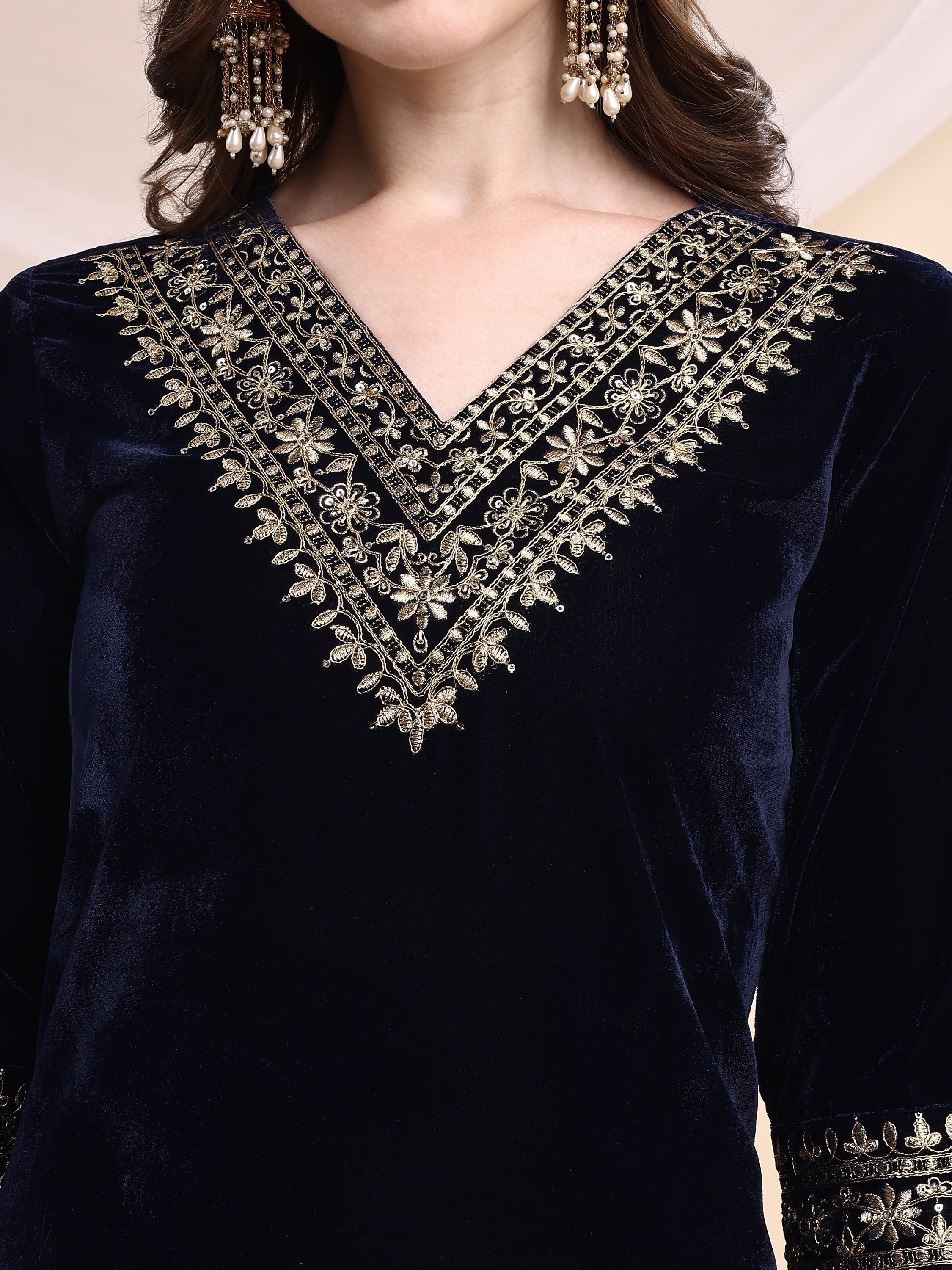 Embroidered Velvet Co-Ords, Navy Blue - Hiral Fashion - Distacart