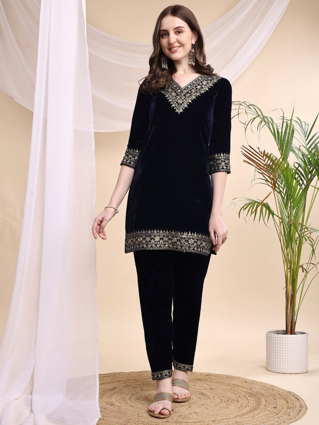 Embroidered Velvet Co-Ords, Navy Blue - Hiral Fashion - Distacart