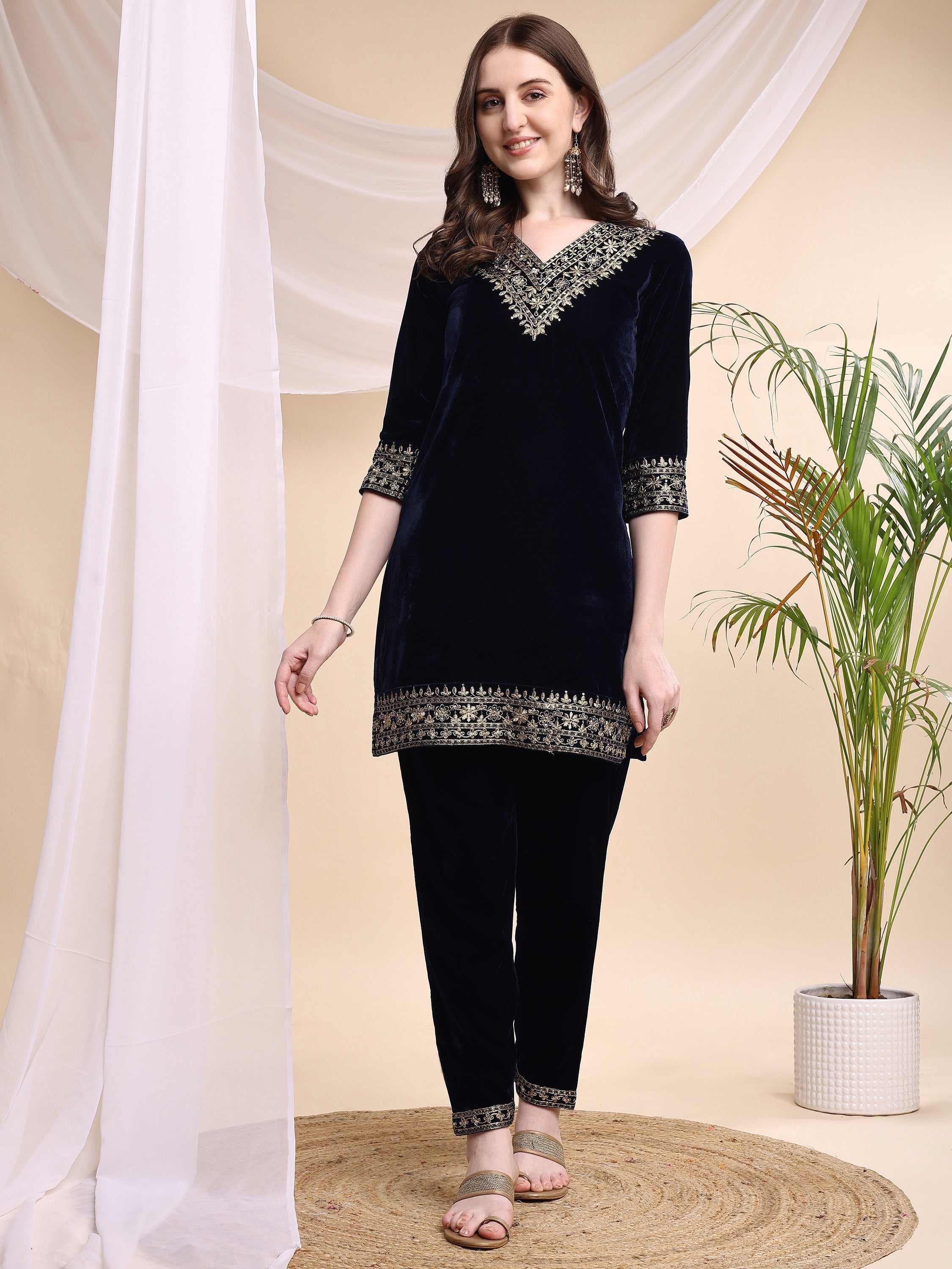 Embroidered Velvet Co-Ords, Navy Blue - Hiral Fashion - Distacart