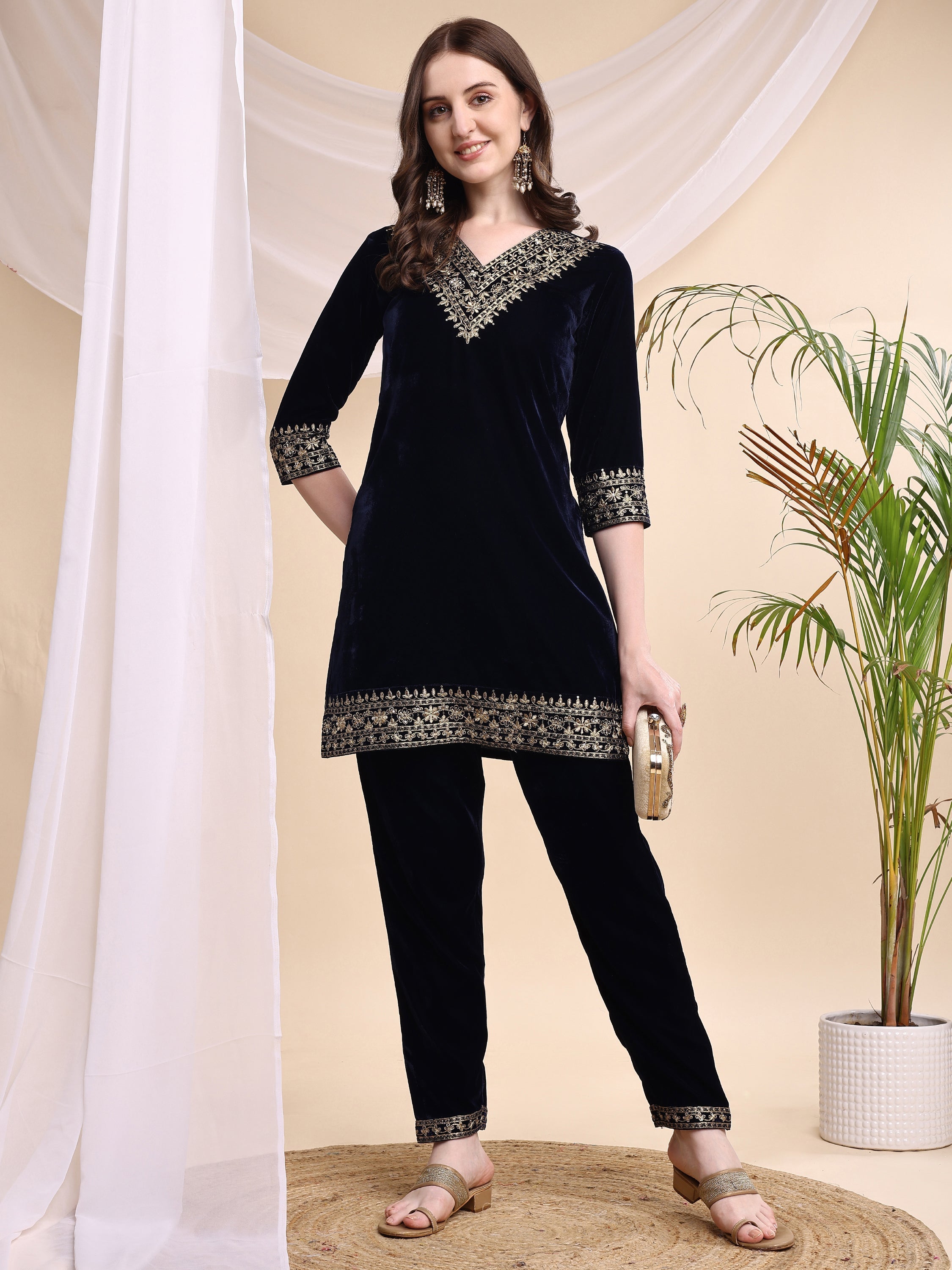 Embroidered Velvet Co-Ords, Navy Blue - Hiral Fashion - Distacart