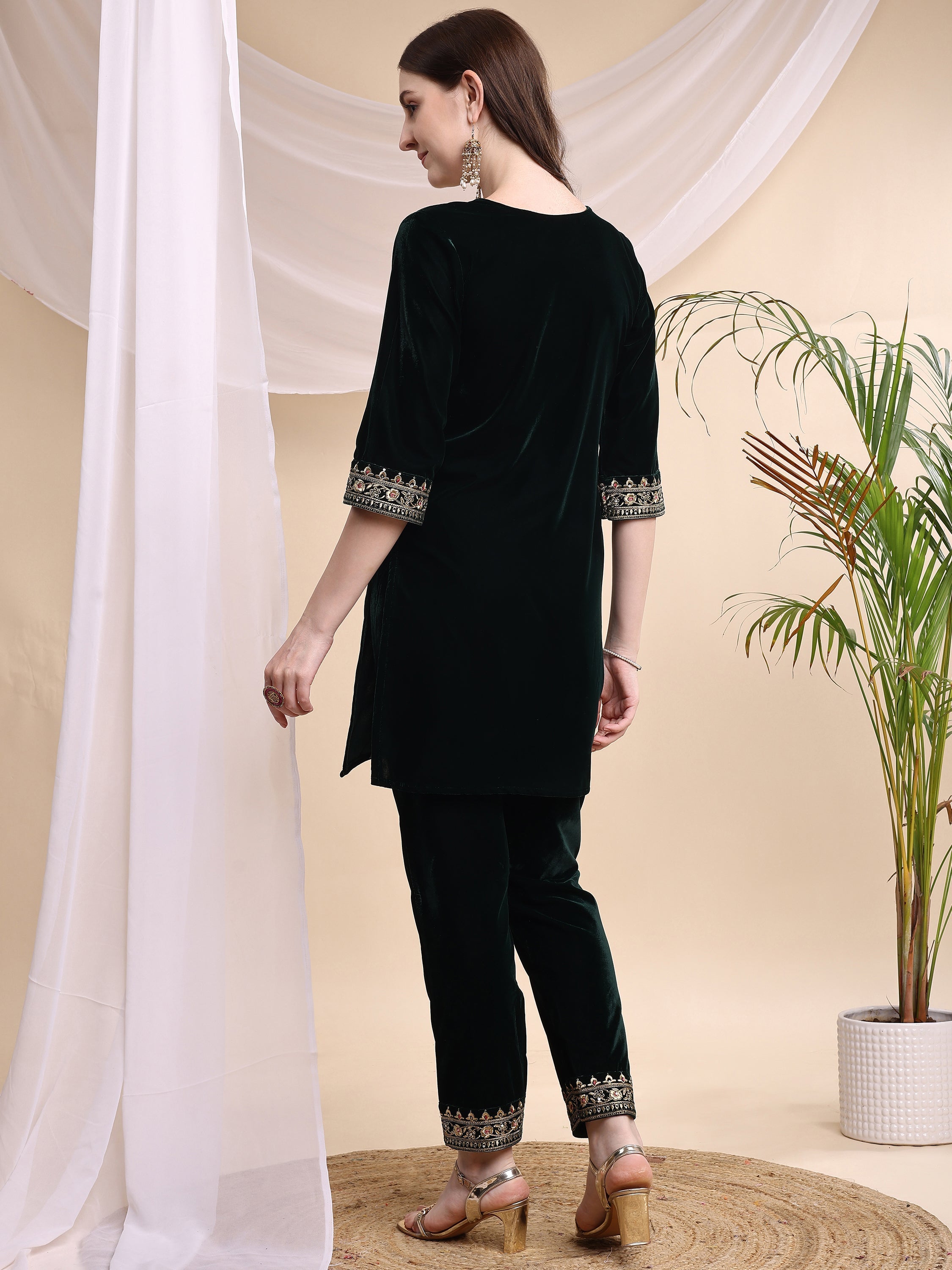 Embroidered Velvet Co-Ords, Bottle-Green - Hiral Fashion - Distacart