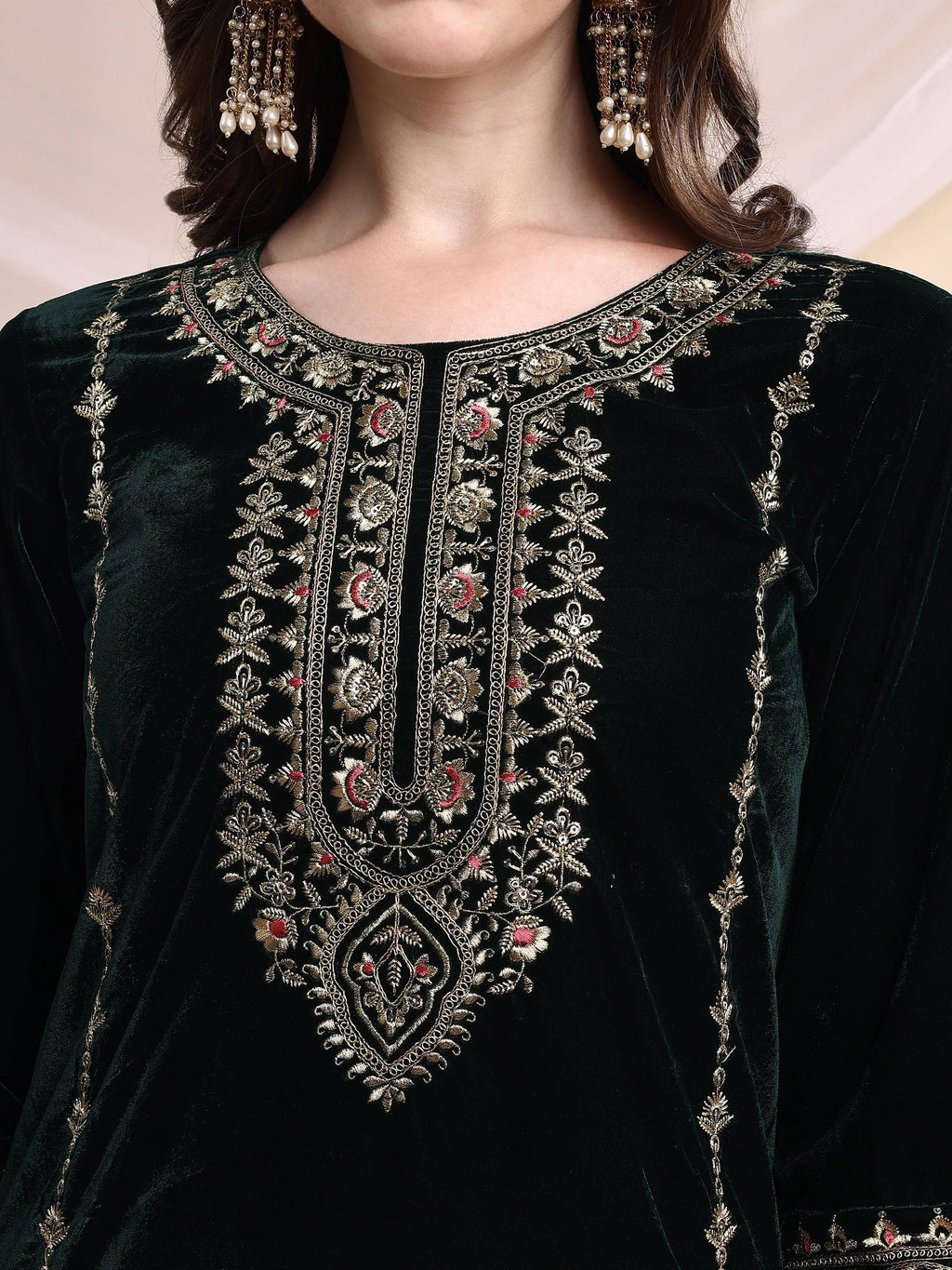 Embroidered Velvet Co-Ords, Bottle-Green - Hiral Fashion - Distacart