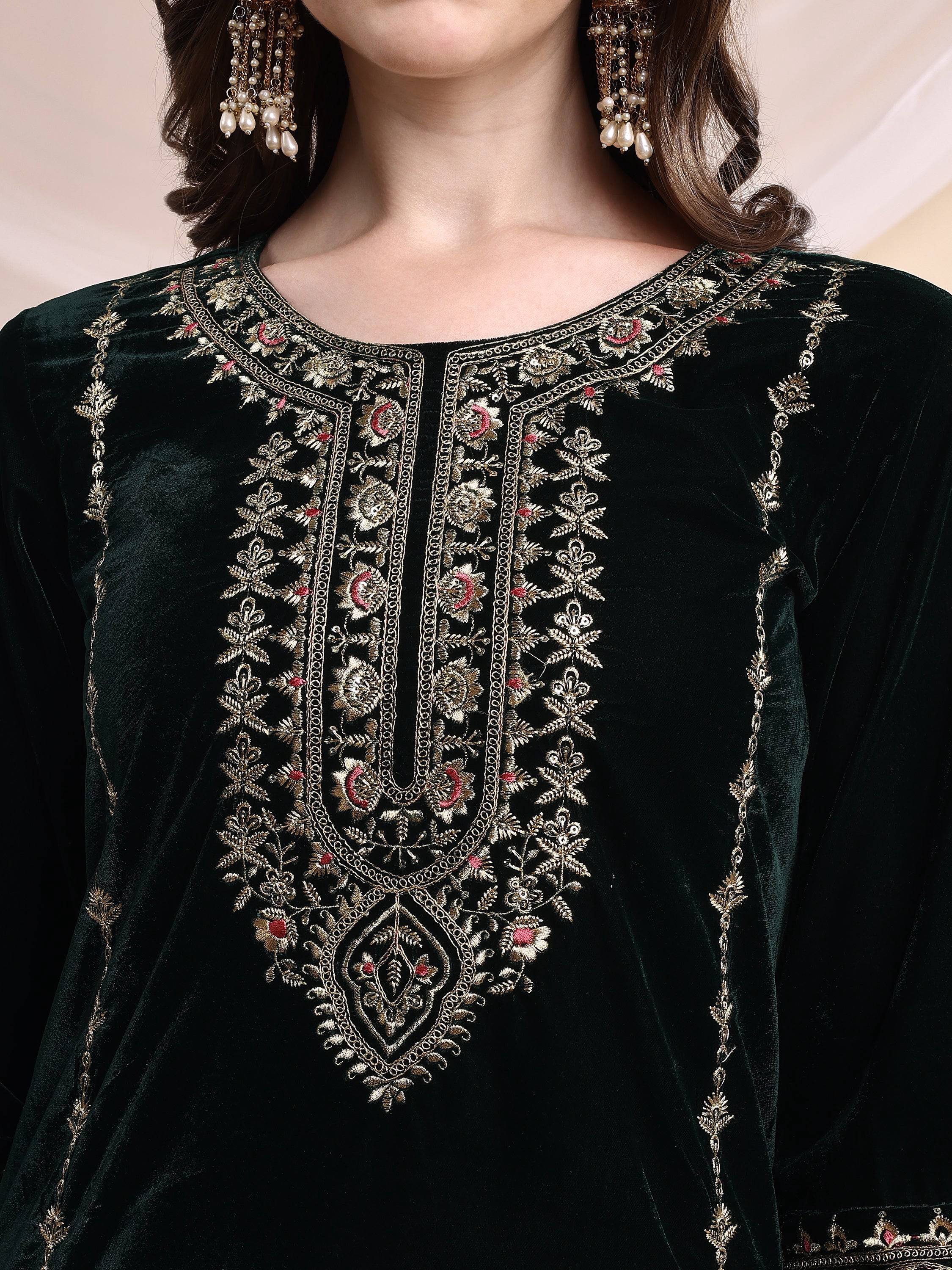 Embroidered Velvet Co-Ords, Bottle-Green - Hiral Fashion - Distacart