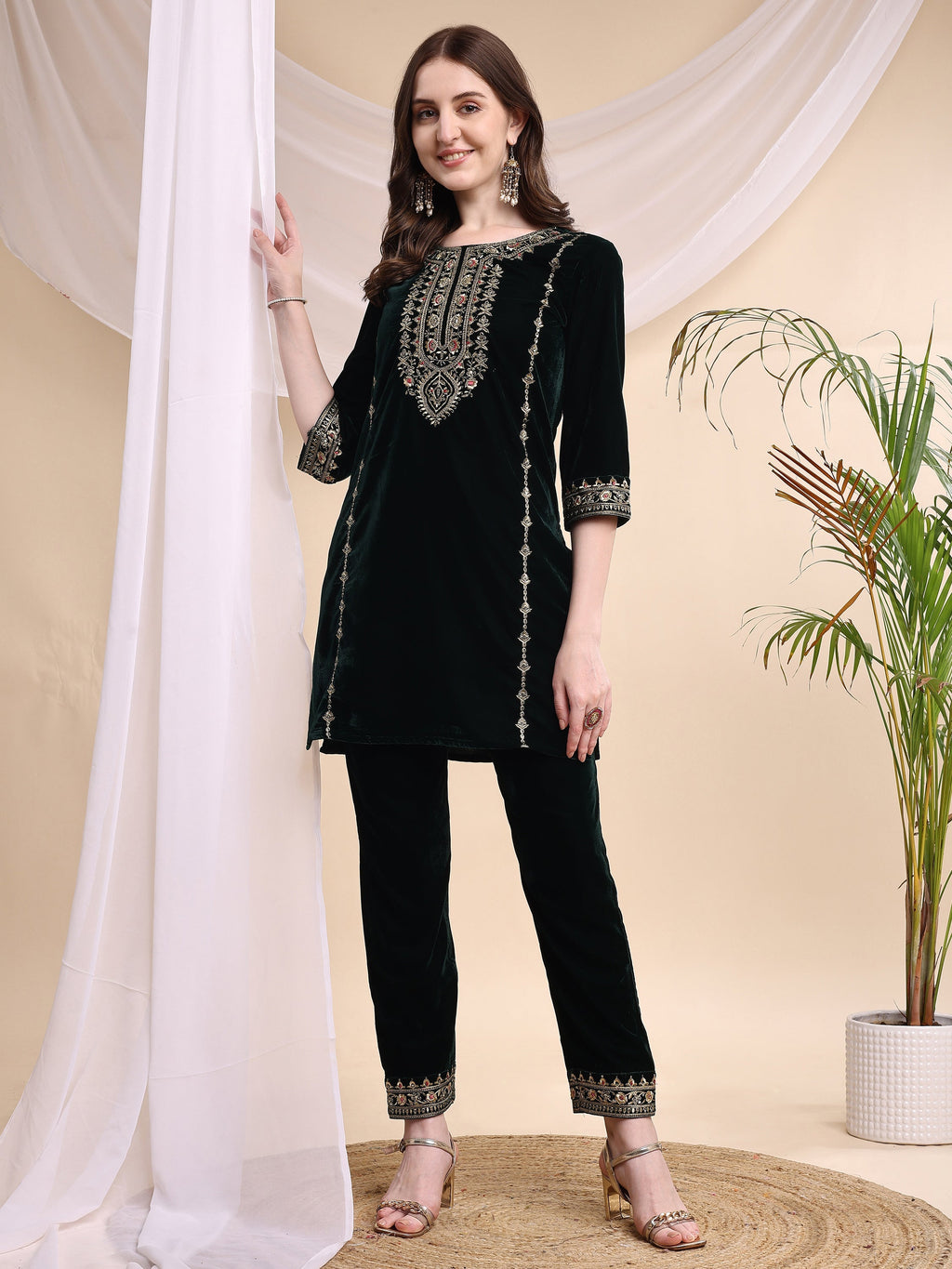 Embroidered Velvet Co-Ords, Bottle-Green - Hiral Fashion - Distacart