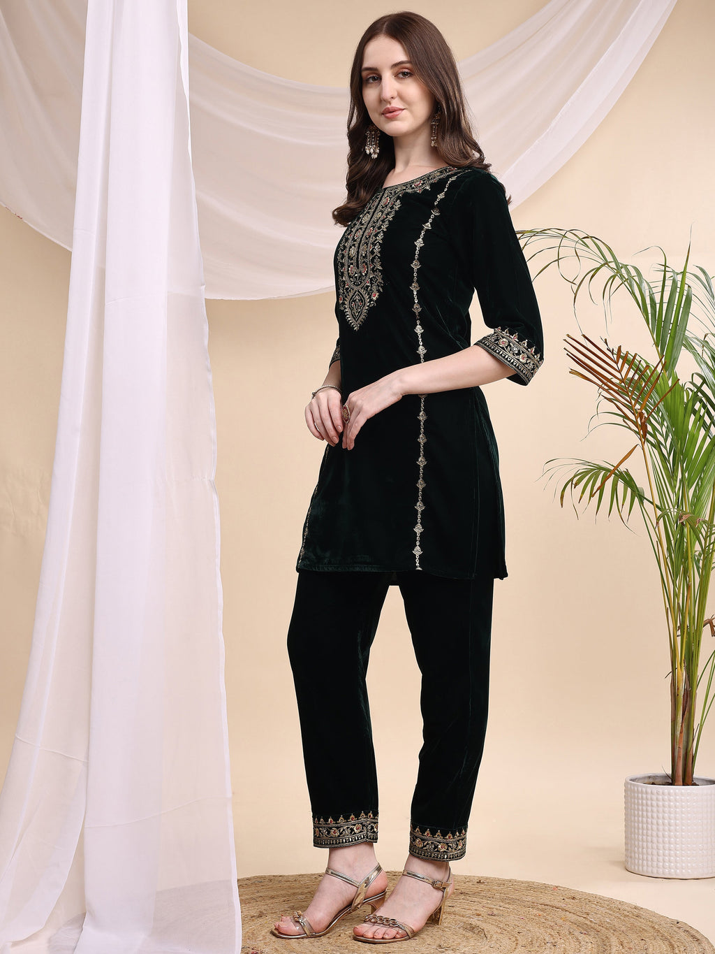 Embroidered Velvet Co-Ords, Bottle-Green - Hiral Fashion - Distacart