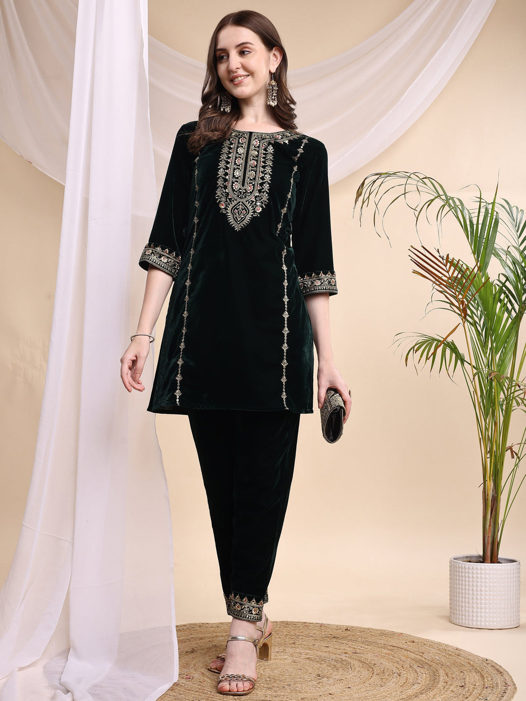 Embroidered Velvet Co-Ords, Bottle-Green - Hiral Fashion - Distacart