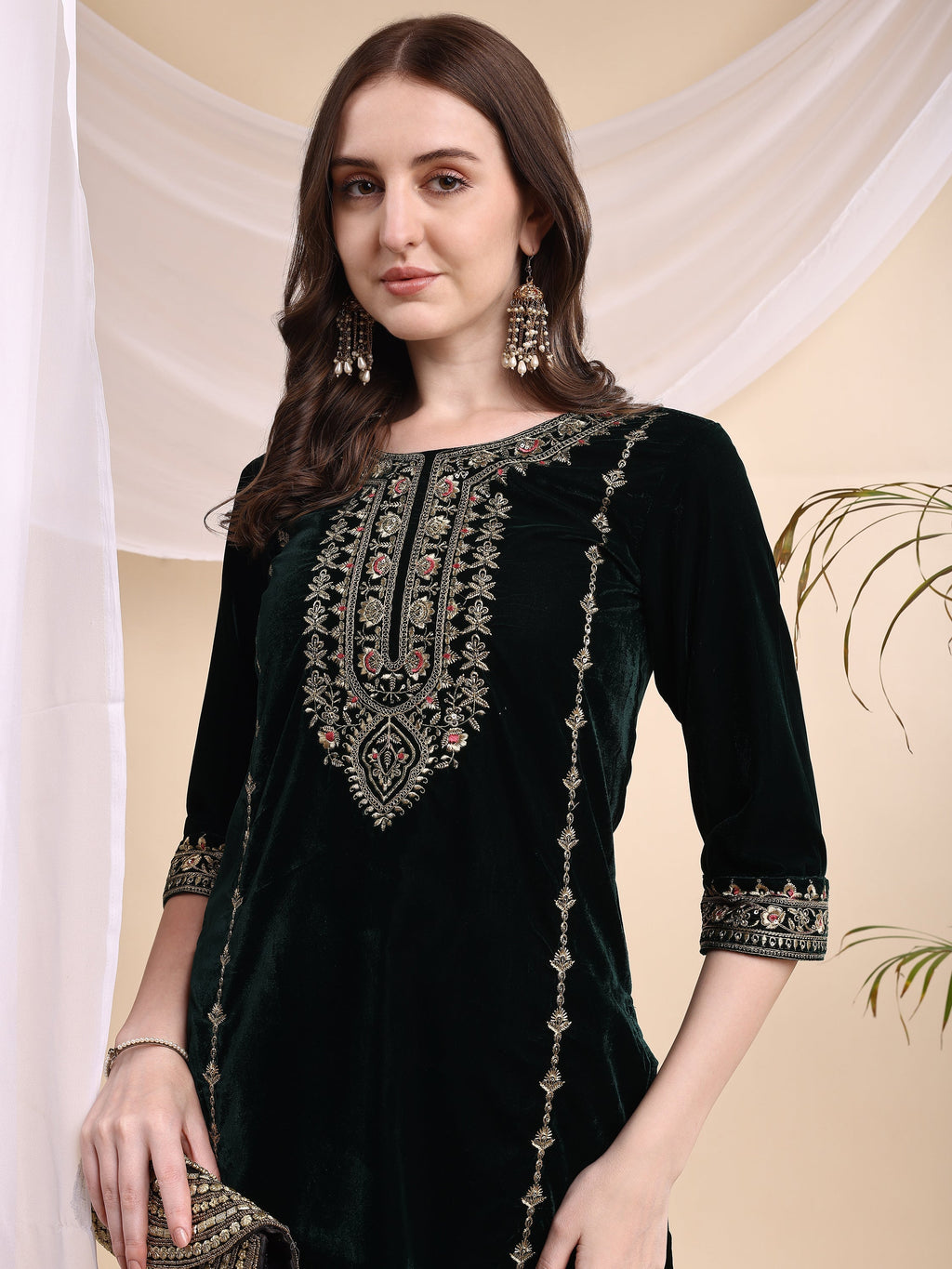 Embroidered Velvet Co-Ords, Bottle-Green - Hiral Fashion - Distacart
