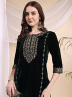 Embroidered Velvet Co-Ords, Bottle-Green - Hiral Fashion - Distacart