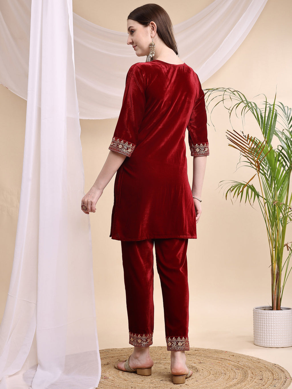Embroidered Velvet Co-Ords, Maroon - Hiral Fashion - Distacart
