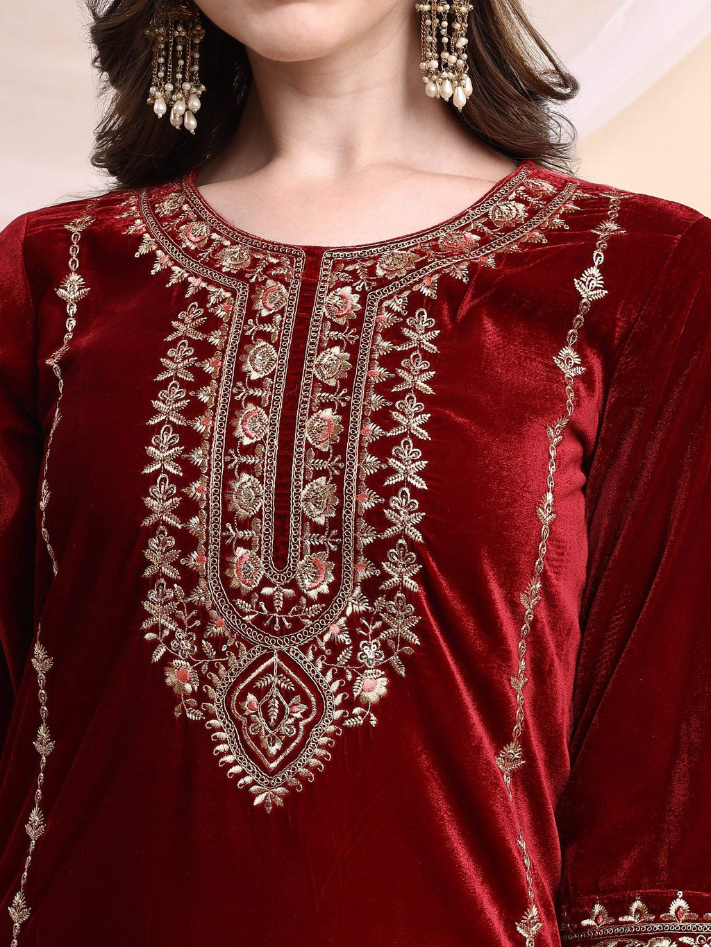 Embroidered Velvet Co-Ords, Maroon - Hiral Fashion - Distacart