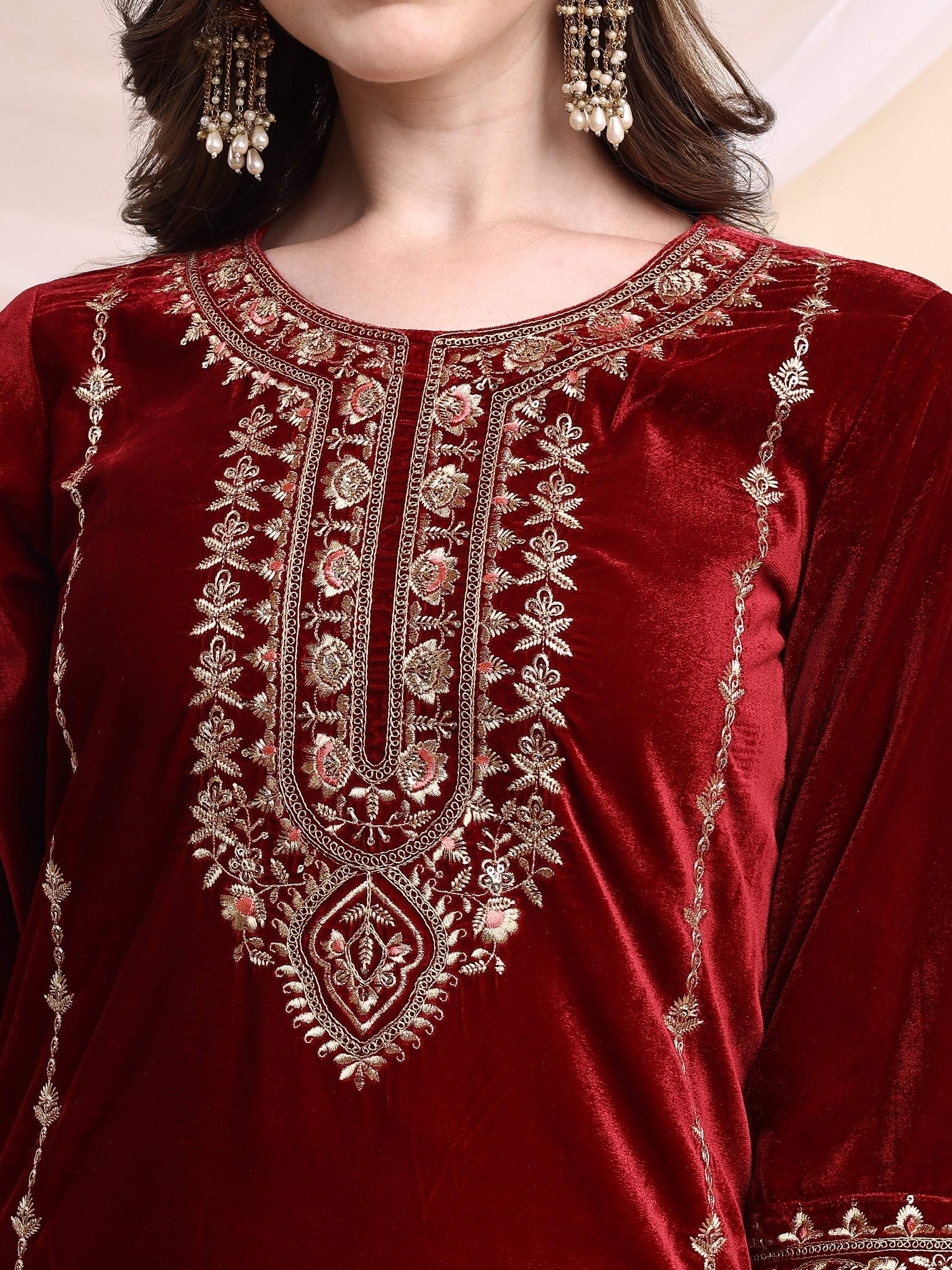 Embroidered Velvet Co-Ords, Maroon - Hiral Fashion - Distacart