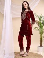 Embroidered Velvet Co-Ords, Maroon - Hiral Fashion - Distacart