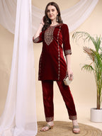 Embroidered Velvet Co-Ords, Maroon - Hiral Fashion - Distacart