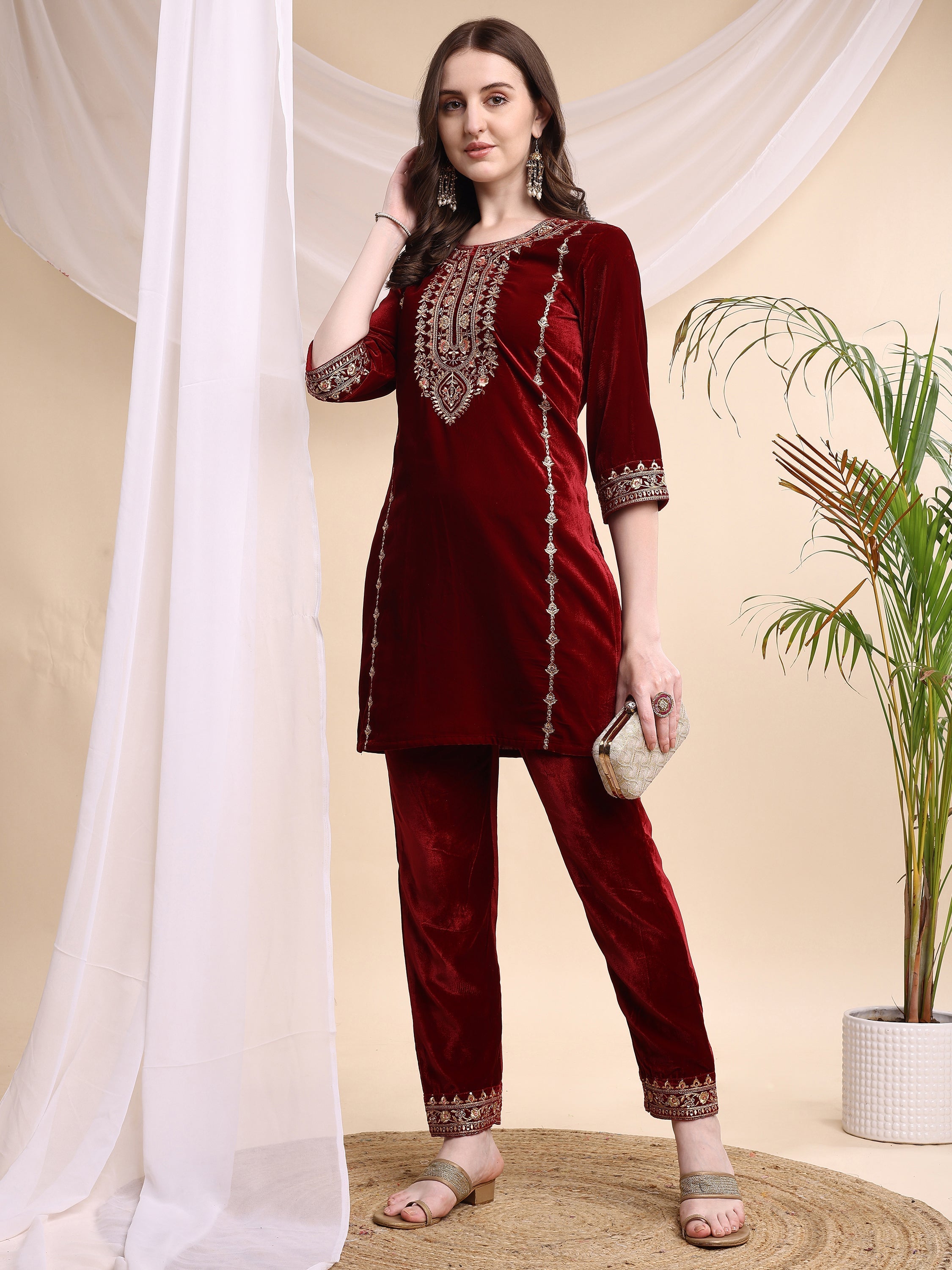Embroidered Velvet Co-Ords, Maroon - Hiral Fashion - Distacart