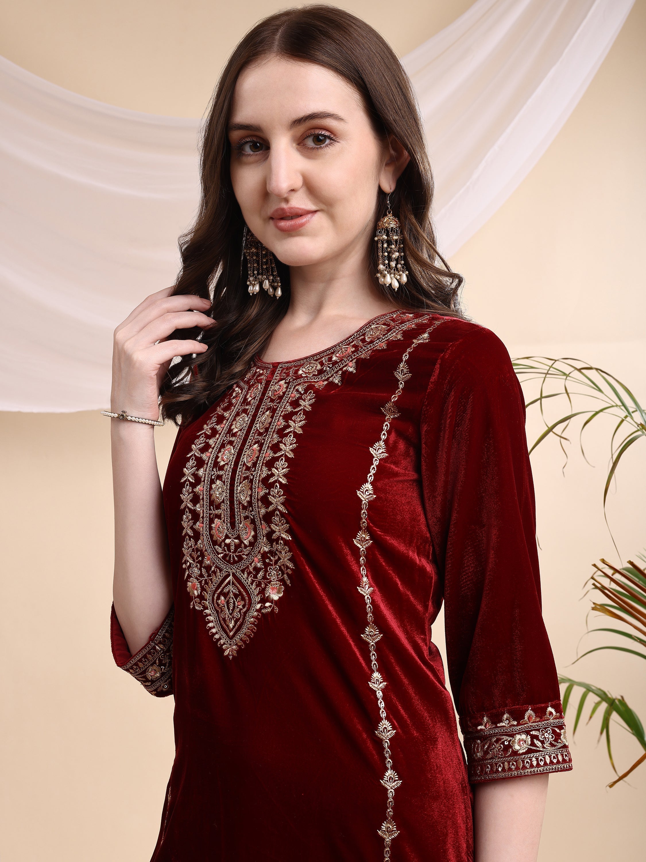 Embroidered Velvet Co-Ords, Maroon - Hiral Fashion - Distacart