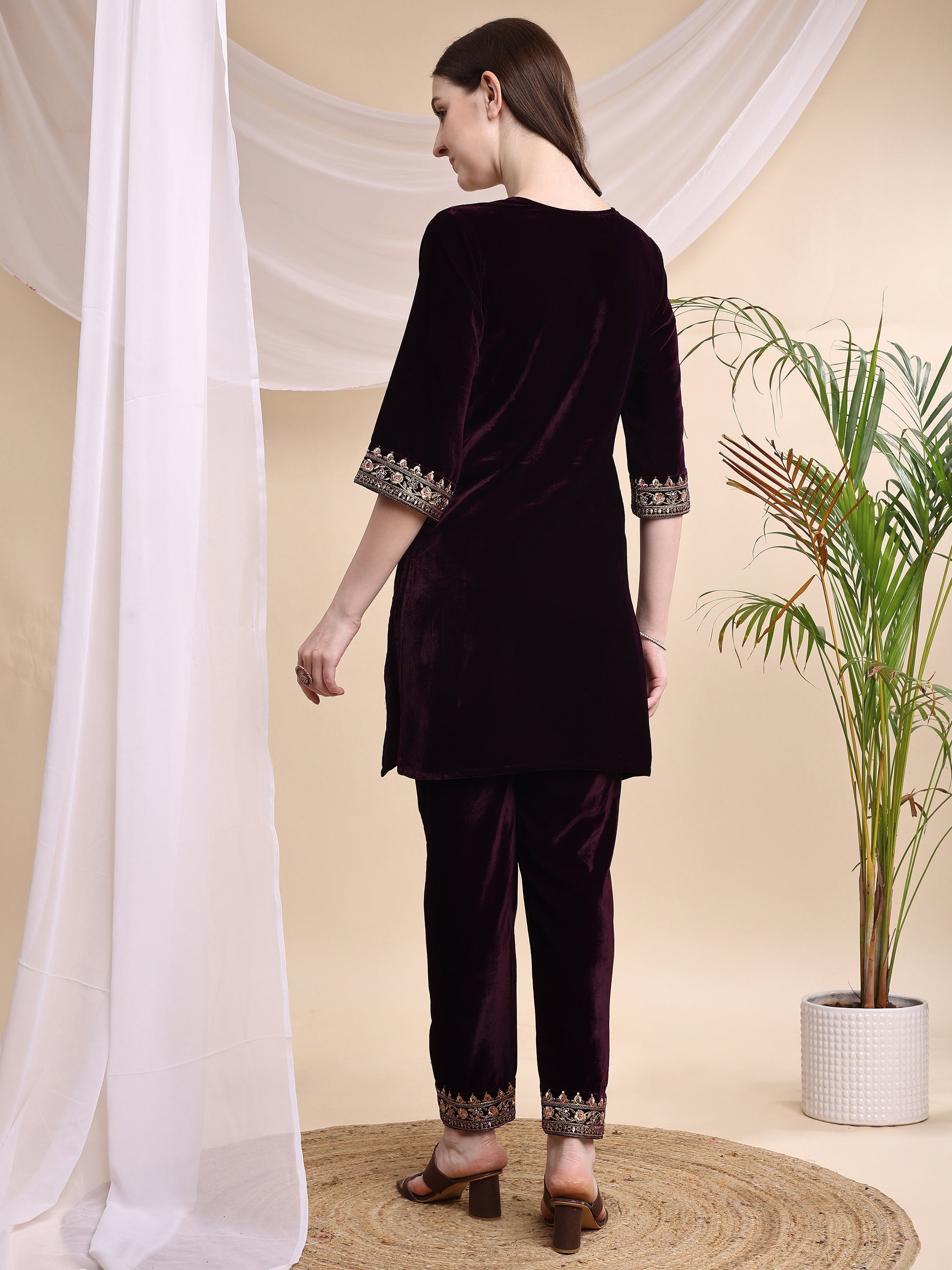 Embroidered Velvet Co-Ords, Wine - Hiral Fashion - Distacart