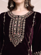 Embroidered Velvet Co-Ords, Wine - Hiral Fashion - Distacart