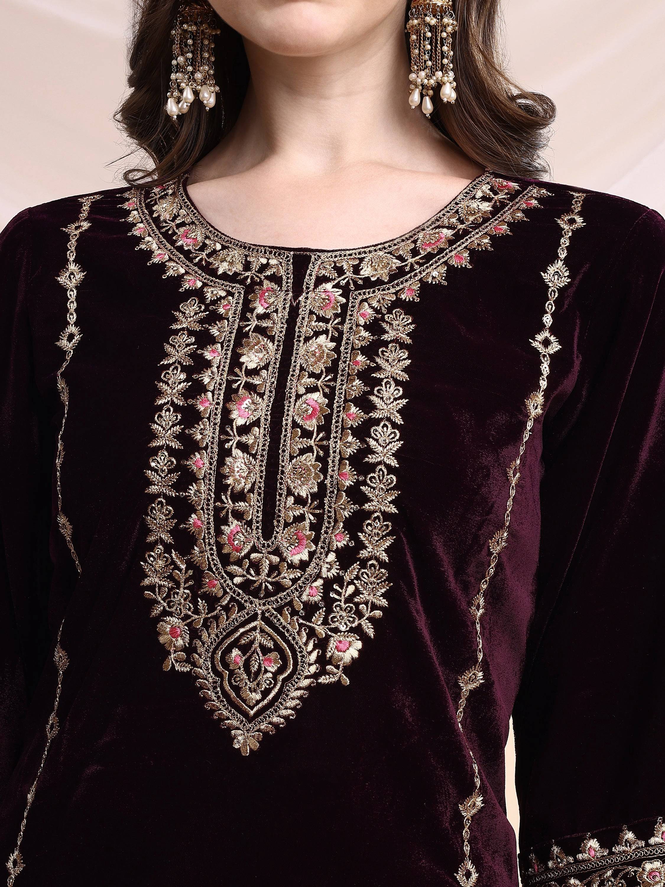 Embroidered Velvet Co-Ords, Wine - Hiral Fashion - Distacart
