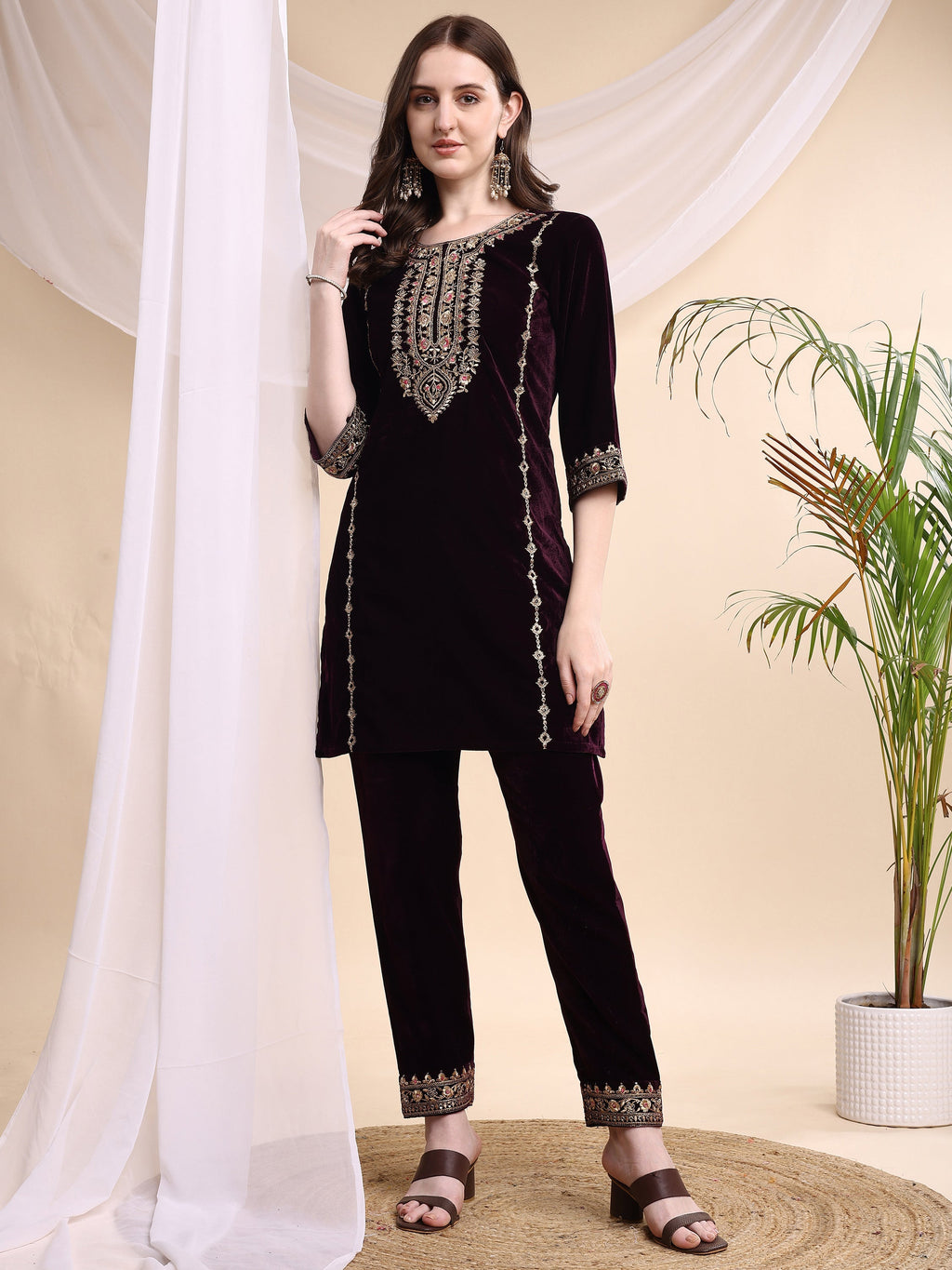 Embroidered Velvet Co-Ords, Wine - Hiral Fashion - Distacart