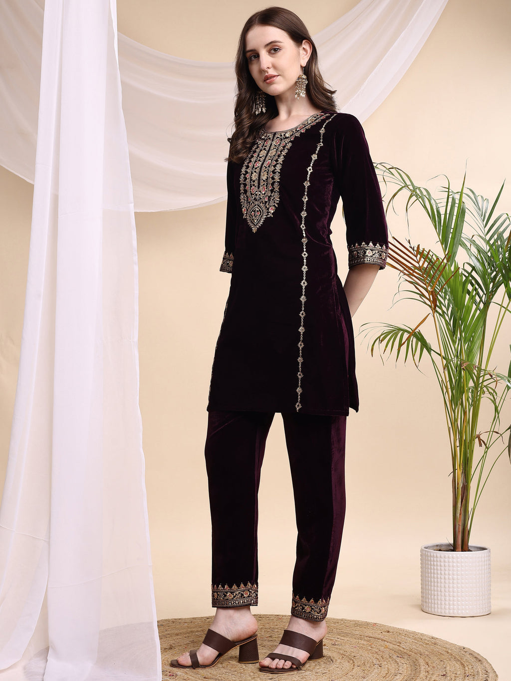 Embroidered Velvet Co-Ords, Wine - Hiral Fashion - Distacart