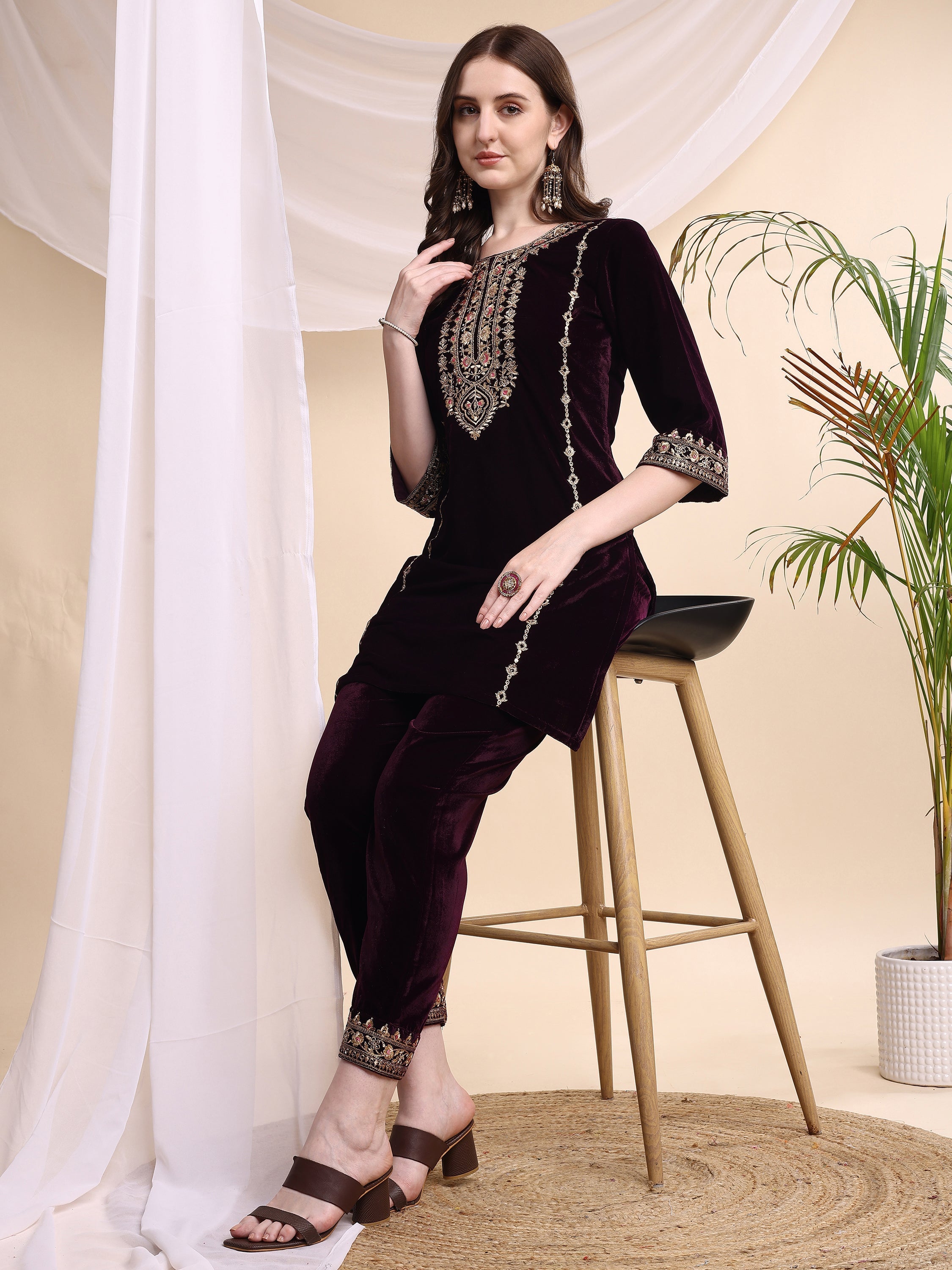 Embroidered Velvet Co-Ords, Wine - Hiral Fashion - Distacart