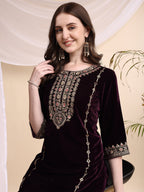 Embroidered Velvet Co-Ords, Wine - Hiral Fashion - Distacart
