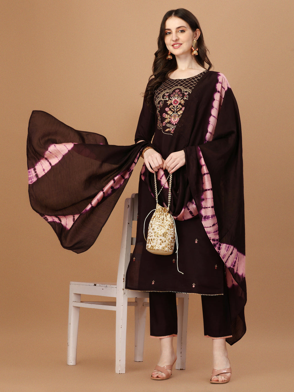 Hand Embroidered Chanderi Kurta With Pant & Dupatta Set, Multicolor - Hiral Fashion - Distacart