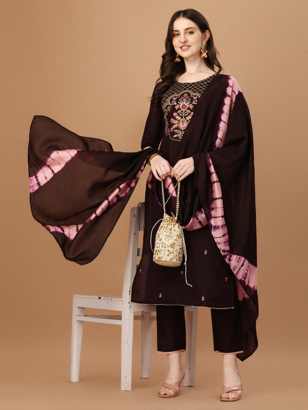 Hand Embroidered Chanderi Kurta With Pant & Dupatta Set, Multicolor - Hiral Fashion - Distacart