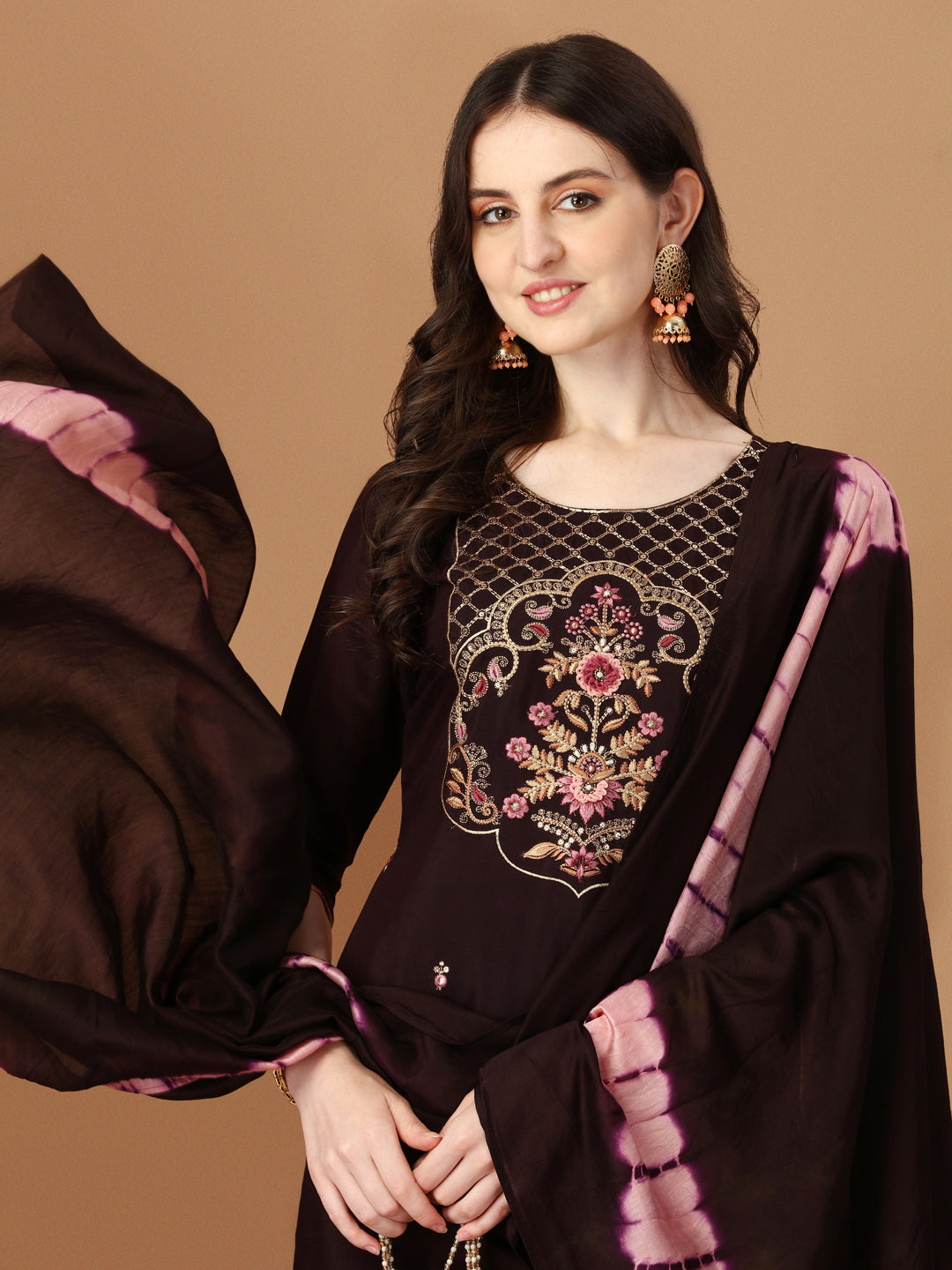 Hand Embroidered Chanderi Kurta With Pant & Dupatta Set, Multicolor - Hiral Fashion - Distacart