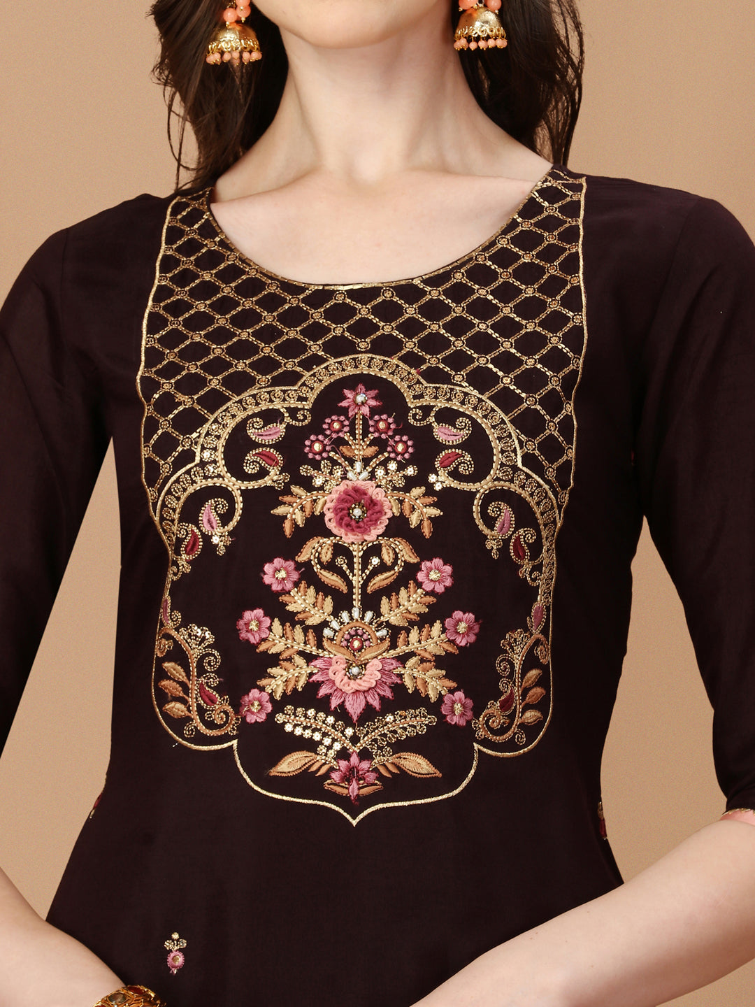 Hand Embroidered Chanderi Kurta With Pant & Dupatta Set, Multicolor - Hiral Fashion - Distacart