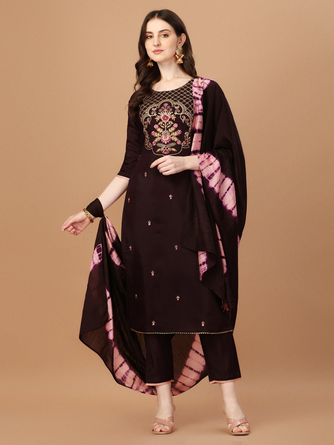 Hand Embroidered Chanderi Kurta With Pant & Dupatta Set, Multicolor - Hiral Fashion - Distacart