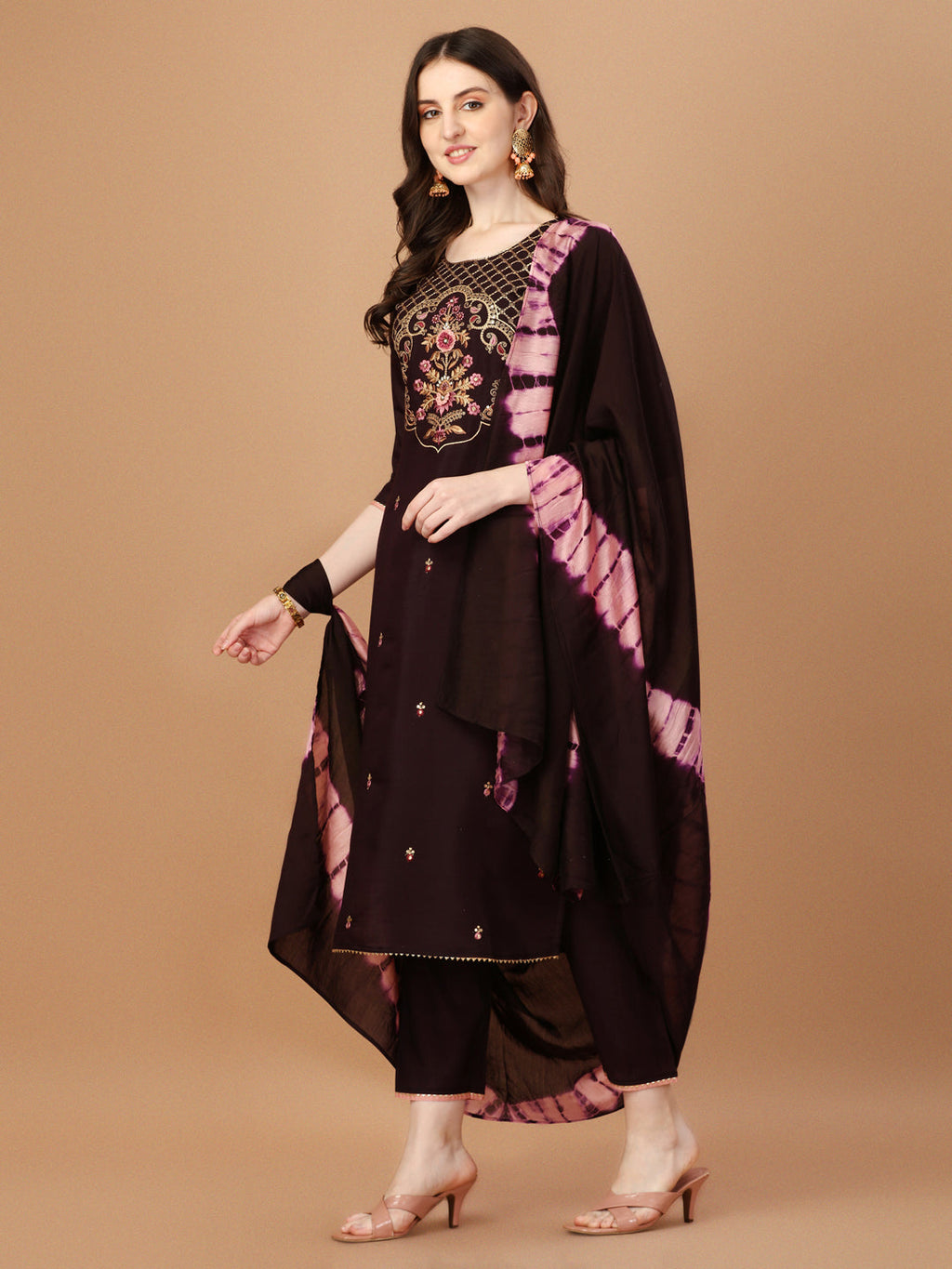 Hand Embroidered Chanderi Kurta With Pant & Dupatta Set, Multicolor - Hiral Fashion - Distacart