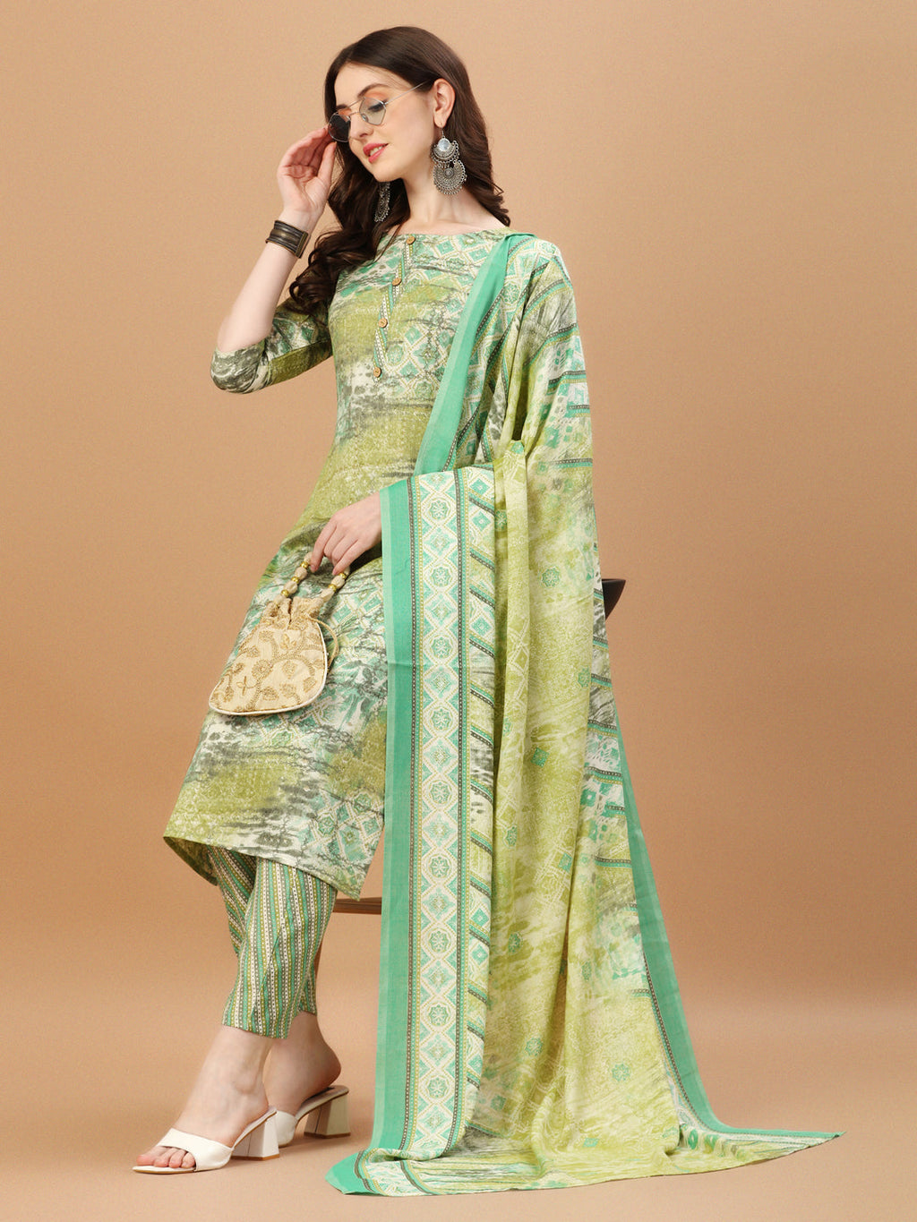 Printed Cotton Green Kurta Pant & Dupatta Set, Multicolor - Hiral Fashion - Distacart