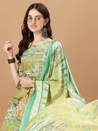 Printed Cotton Green Kurta Pant & Dupatta Set, Multicolor - Hiral Fashion - Distacart
