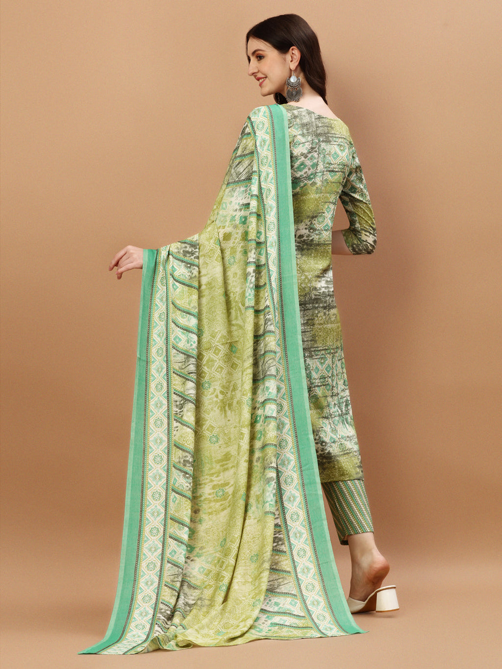 Printed Cotton Green Kurta Pant & Dupatta Set, Multicolor - Hiral Fashion - Distacart