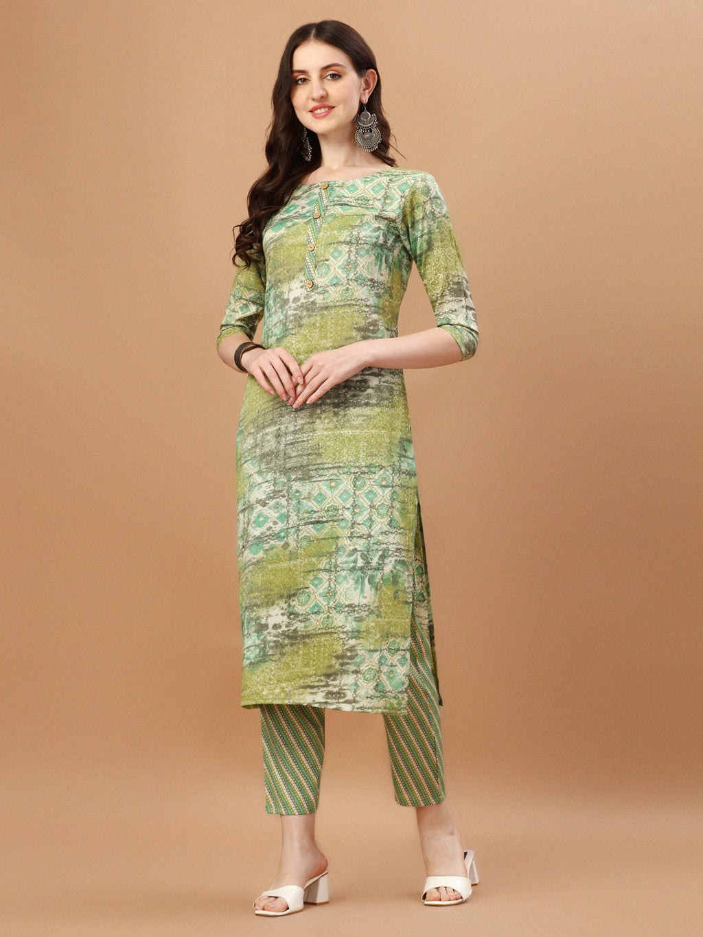 Printed Cotton Green Kurta Pant & Dupatta Set, Multicolor - Hiral Fashion - Distacart