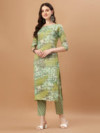 Printed Cotton Green Kurta Pant & Dupatta Set, Multicolor - Hiral Fashion - Distacart