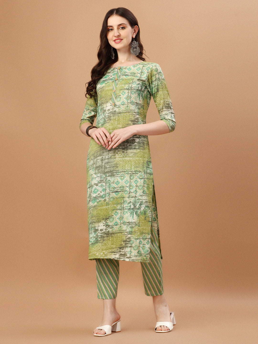 Printed Cotton Green Kurta Pant & Dupatta Set, Multicolor - Hiral Fashion - Distacart