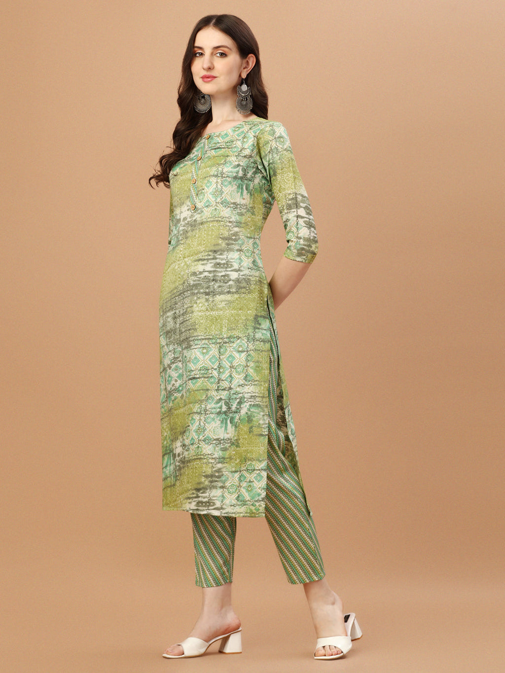 Printed Cotton Green Kurta Pant & Dupatta Set, Multicolor - Hiral Fashion - Distacart