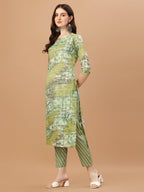 Printed Cotton Green Kurta Pant & Dupatta Set, Multicolor - Hiral Fashion - Distacart