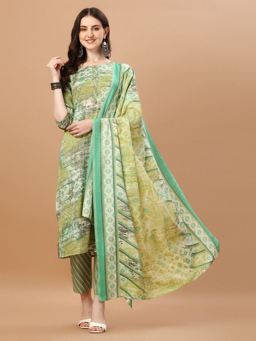 Printed Cotton Green Kurta Pant & Dupatta Set, Multicolor - Hiral Fashion - Distacart