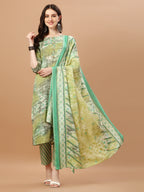 Printed Cotton Green Kurta Pant & Dupatta Set, Multicolor - Hiral Fashion - Distacart