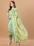 Printed Cotton Green Kurta Pant & Dupatta Set, Multicolor - Hiral Fashion - Distacart