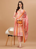 Printed Cotton Orange & Pink Kurta Pant & Dupatta Set, Multicolor - Hiral Fashion