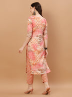 Printed Cotton Orange & Pink Kurta Pant & Dupatta Set, Multicolor - Hiral Fashion