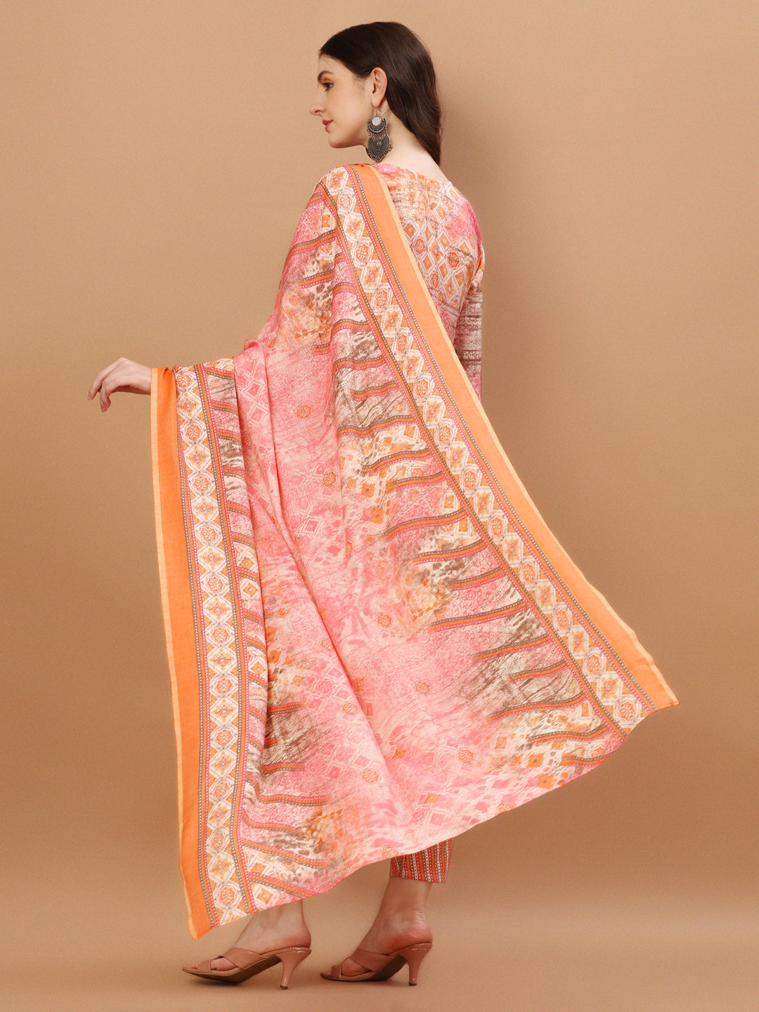 Printed Cotton Orange & Pink Kurta Pant & Dupatta Set, Multicolor - Hiral Fashion